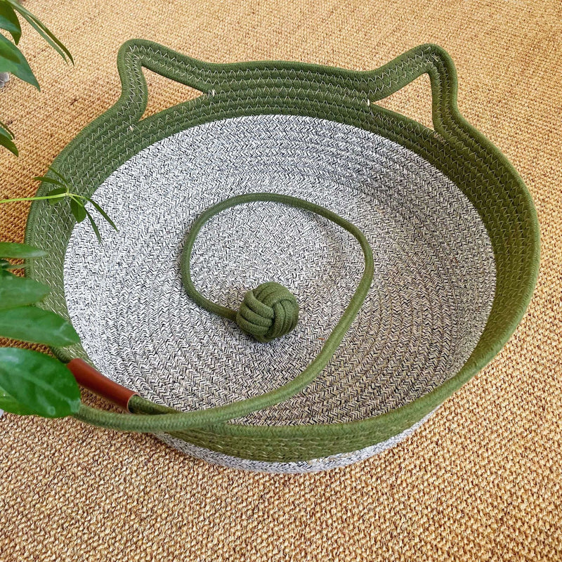 Cesto para Gatos, Cama Cesto para Gato Tecida à Mão de 35&40&46cm com Pegas em Forma de Orelhas de Gato, Cama Cesto para Gato em Corda de Algodão com Bola, Uso Interior para Todos os Gatos