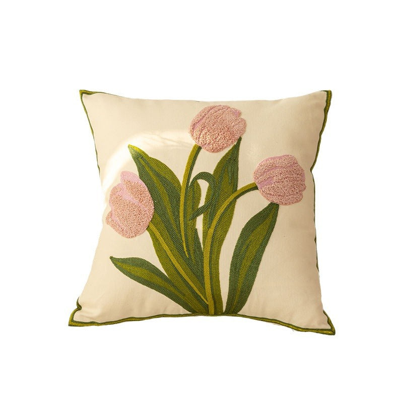 Capa de Almofada com Bordado de Flores em Algodão Puro Estilo Nórdico
