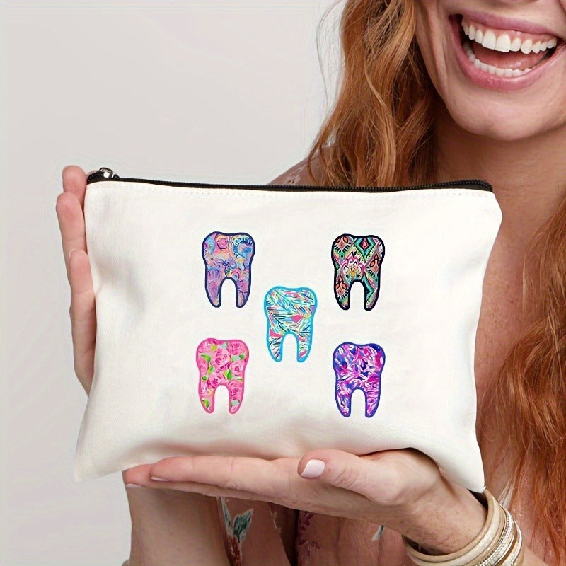 Tooth-patterned Canvas Zip Pouch For Kids Travel