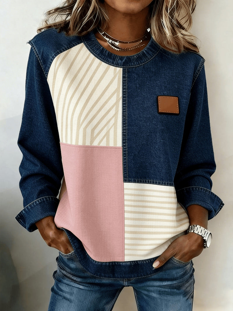 Casual Round Neck Denim Patchwork Leopard Print Long-sleeved Loose Top