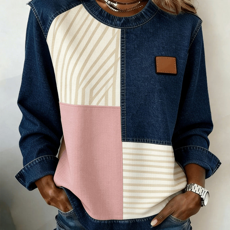 Casual Round Neck Denim Patchwork Leopard Print Long-sleeved Loose Top