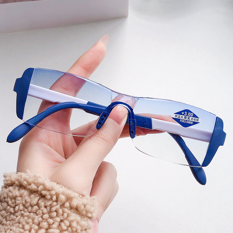 Óculos para presbiopia de luz dupla sem moldura com aro de diamante fashion anti-azul