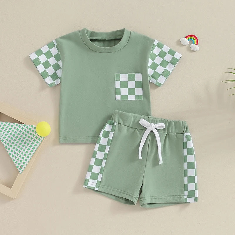 Lässiger karierter Kurzarm-Anzug mit Taschen für Damen