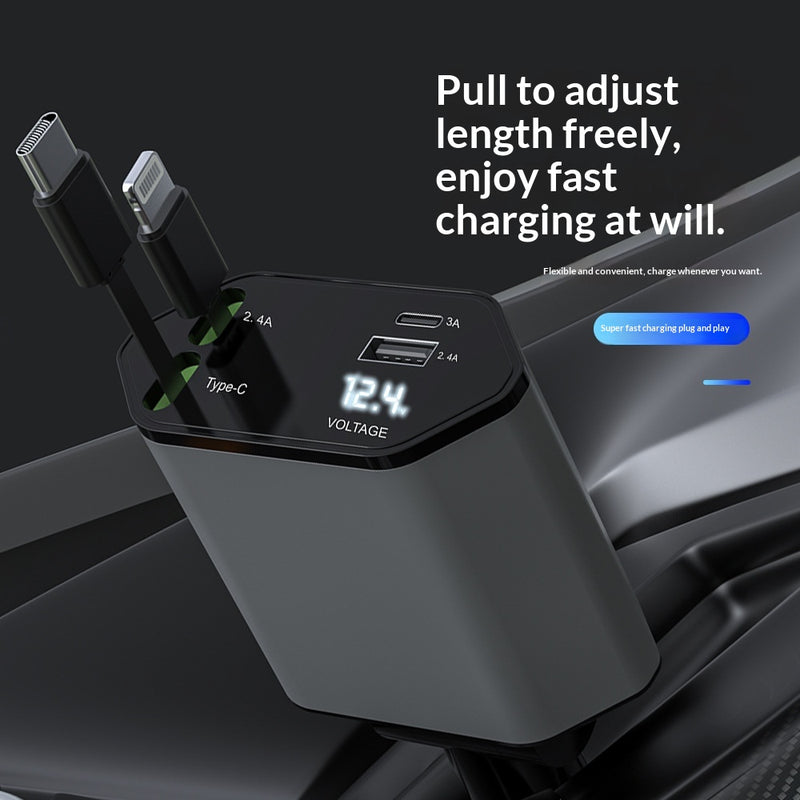 4-in-1 einziehbares Auto-Ladegerät, schnelles 120-W-Auto-Handy-Ladegerät mit USB-C-Kabel