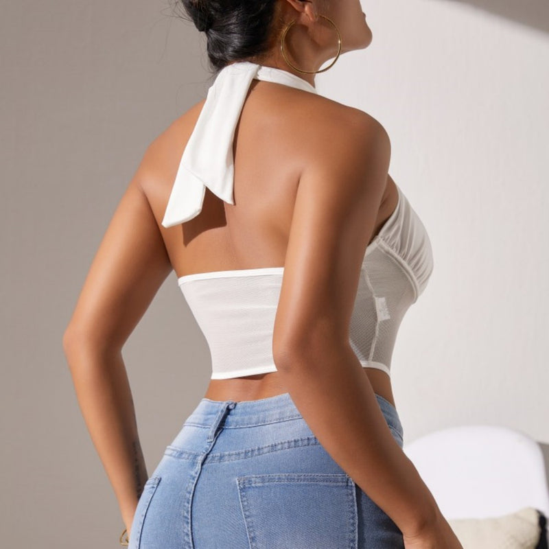 Top Stitching Mesh Transparenter Cross-Neck Neckholder-BH mit Fischgrätmuster