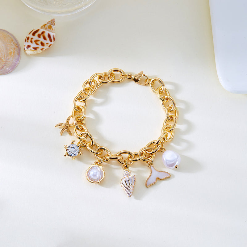 Moda feminina Starfish Pearl Shell Fishtail Multi-pingente Colar Pulseira
