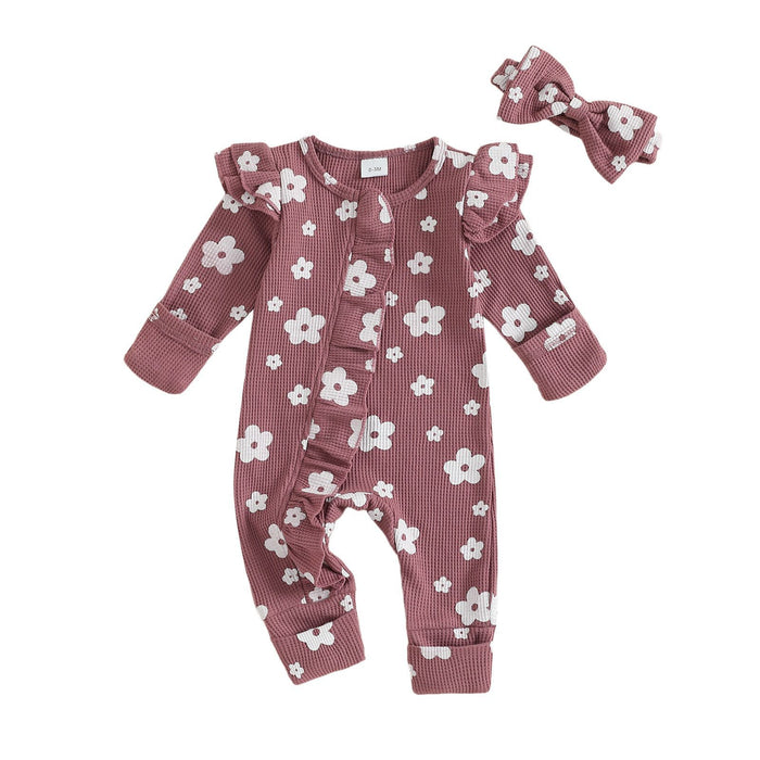 Girls' Long-sleeved Flower Print Zipper Hair Band Jumpsuit