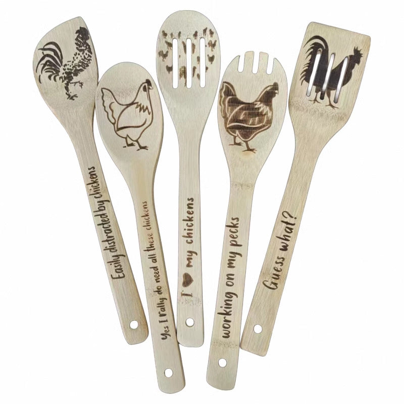 Bamboo Shovel Laser Engraving Pattern Halloween Christmas Bamboo Shovel Cooking Suit Five-piece Set