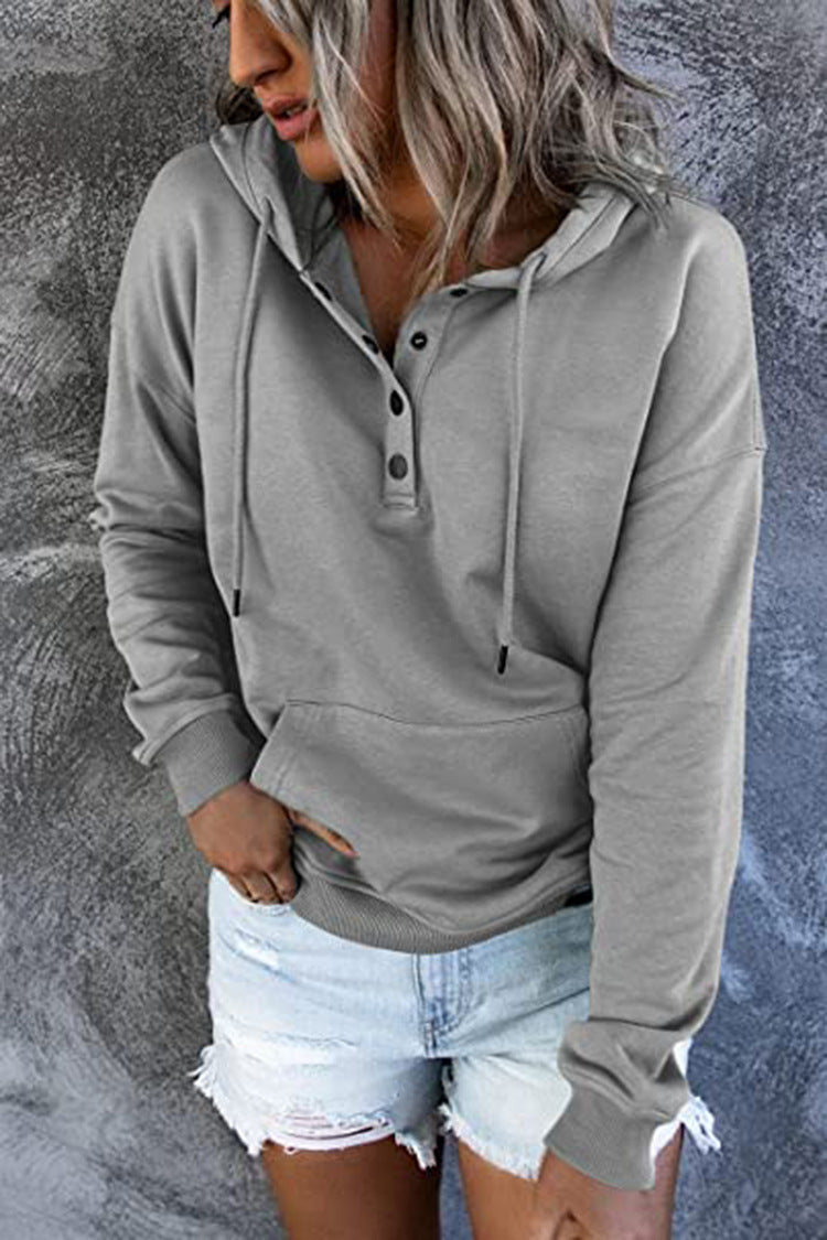 Long-sleeved Hooded Sweatshirt With Pockets Fashion Casual Button Drawstring Design Hoodie Top Spring And Autumn Sports Clothing For Women
