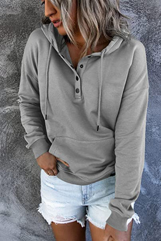 Long-sleeved Hooded Sweatshirt With Pockets Fashion Casual Button Drawstring Design Hoodie Top Spring And Autumn Sports Clothing For Women