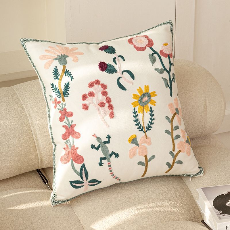 Capa de Almofada com Bordado de Flores em Algodão Puro Estilo Nórdico