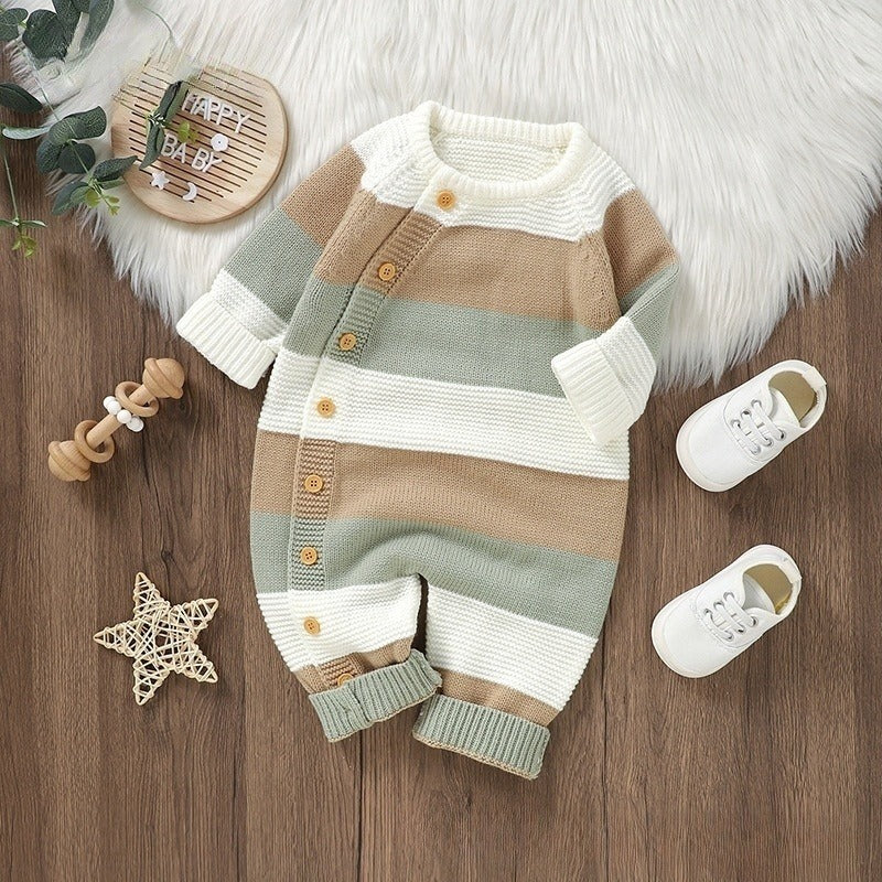 Gestrickter gestreifter Einteiler-Strampler für Babys, Jungen und Mädchen, einreihiger Jumpsuit