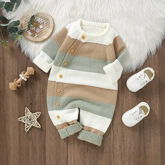 Knitted Striped One-piece Rompers Jumpsuit Male And Female Baby Single-breasted Jumpsuit