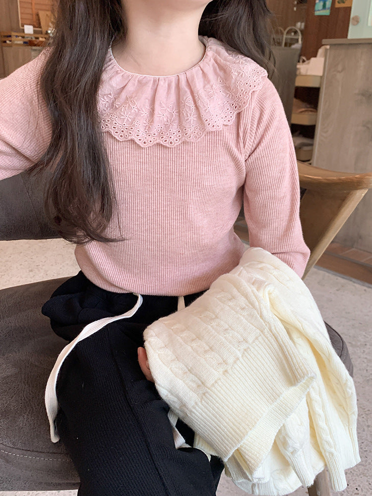 Girls' Soft Cashmere Sunken Stripe Lace Collar Bottoming Shirt