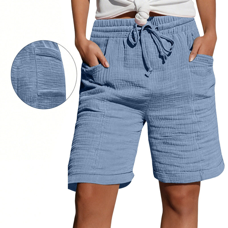Womens Lace-up Pocketed Double-layered Pleated Capri Shorts