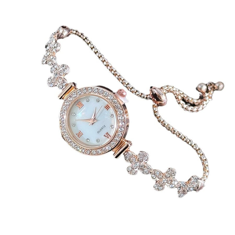 Relógio com pulseira extraível para estudantes em forma de flor e diamante embutido