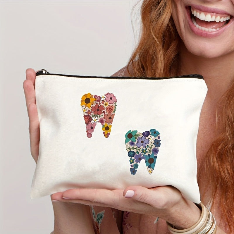 Tooth-patterned Canvas Zip Pouch For Kids Travel