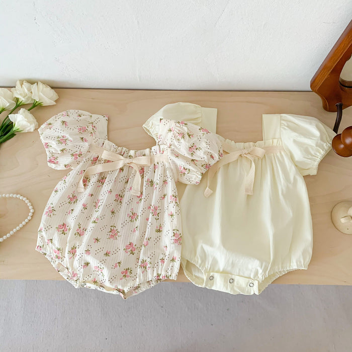 Small Floral Bow Baby Girl Bubble Sleeve Harness Crawl Clothes