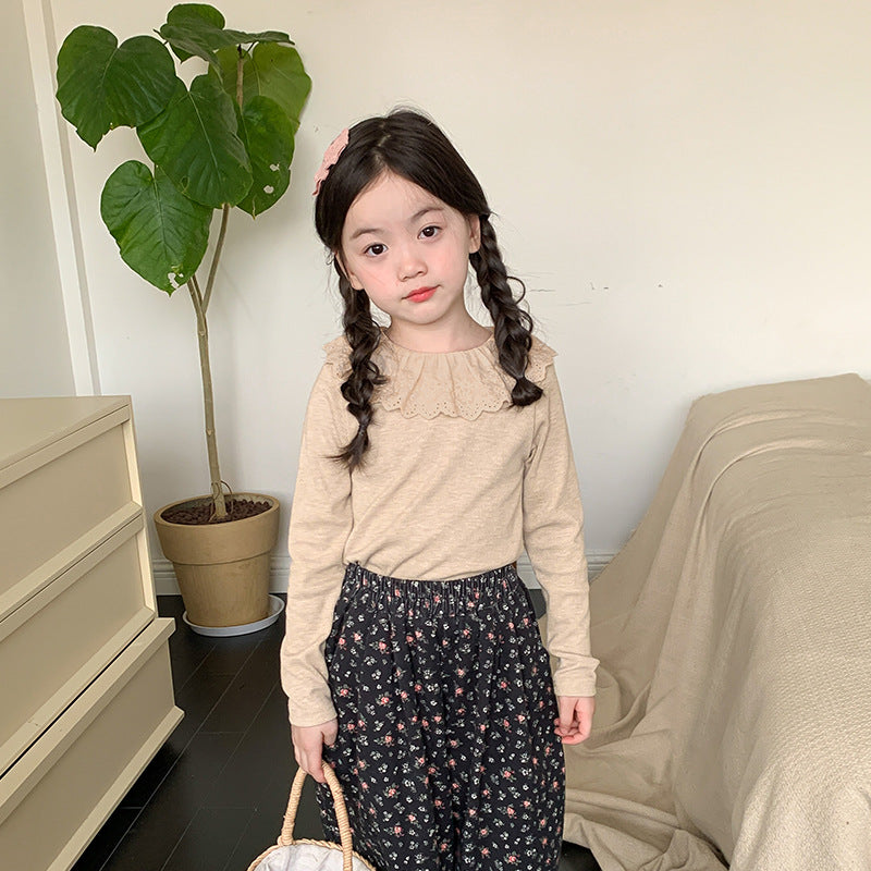 Girls' Soft Cashmere Sunken Stripe Lace Collar Bottoming Shirt