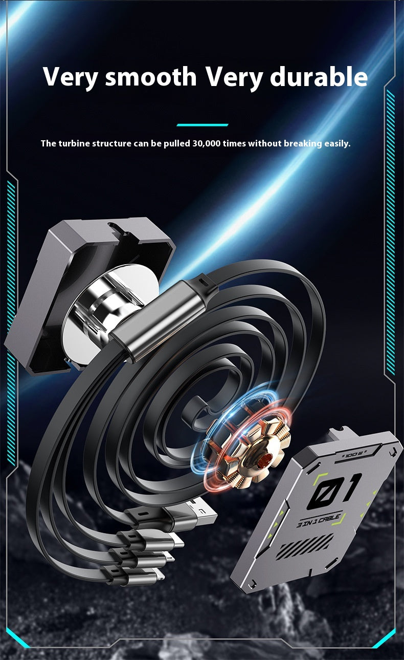 Data Cable Three-in-one 100W Super Fast Charge Telescopic One Drag Three
