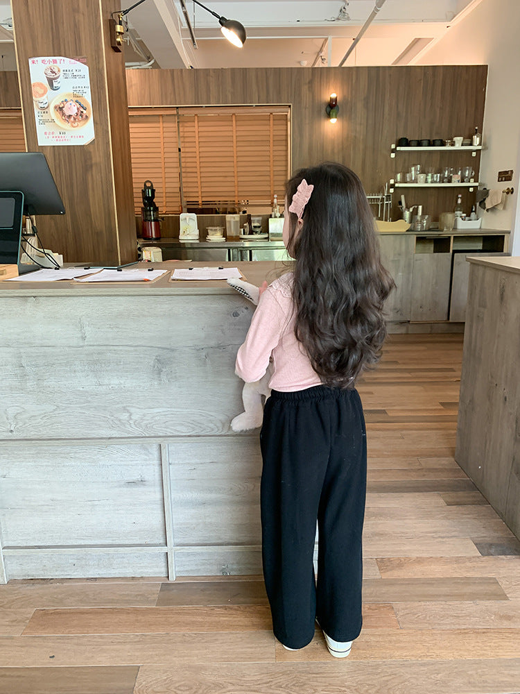 Girls' Soft Cashmere Sunken Stripe Lace Collar Bottoming Shirt