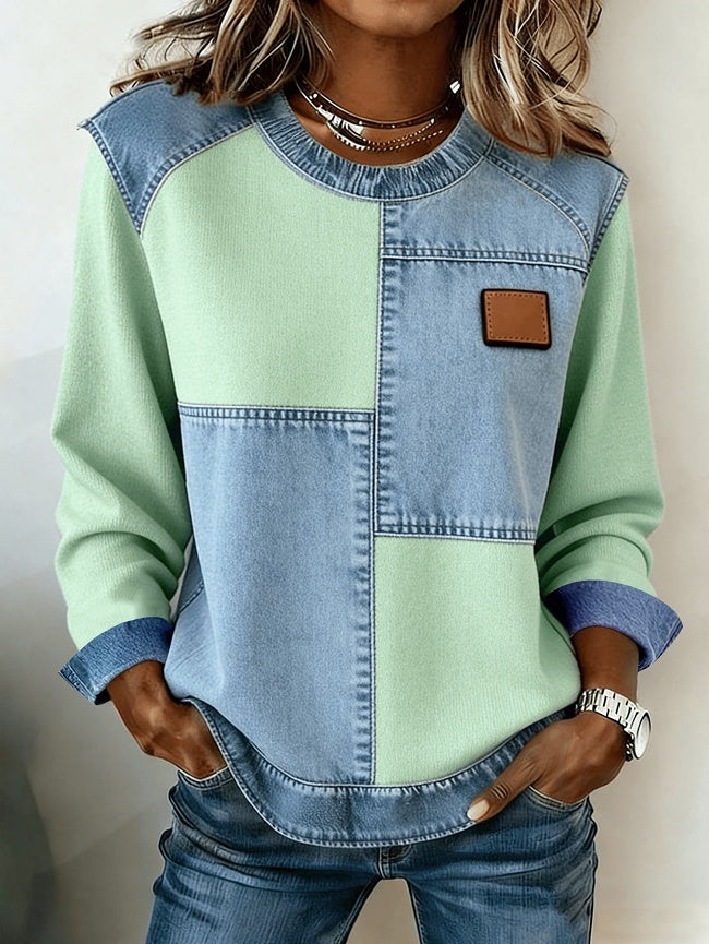 Casual Round Neck Denim Patchwork Leopard Print Long-sleeved Loose Top