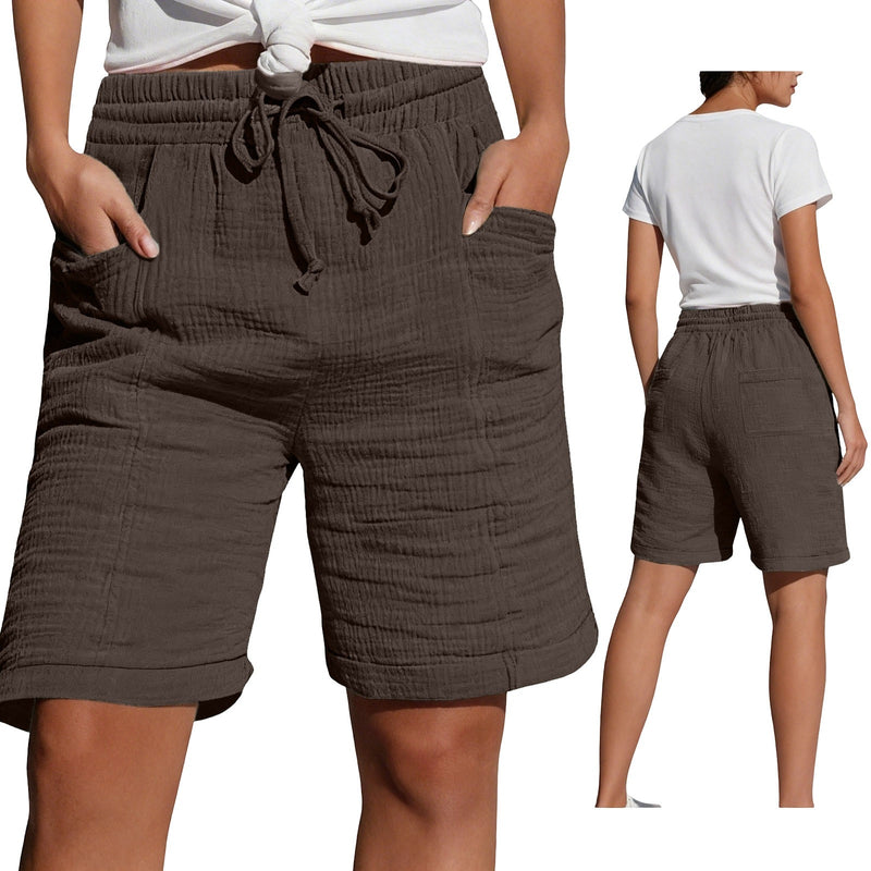 Womens Lace-up Pocketed Double-layered Pleated Capri Shorts