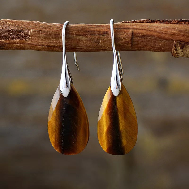Simple High-quality Natural Tigers Eye Pendant Earrings