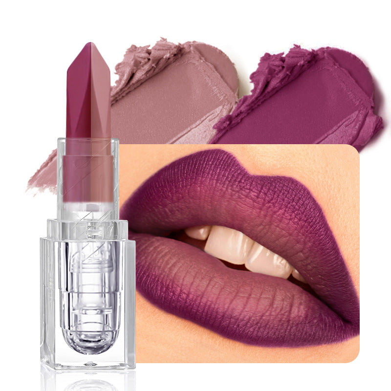 Batom «lip mud» de longa duração, 2 em 1, de tom duplo e efeito mate suave, com um acabamento aveludado mate, perolado e iridescente, à prova de manchas e resistente a borrões.