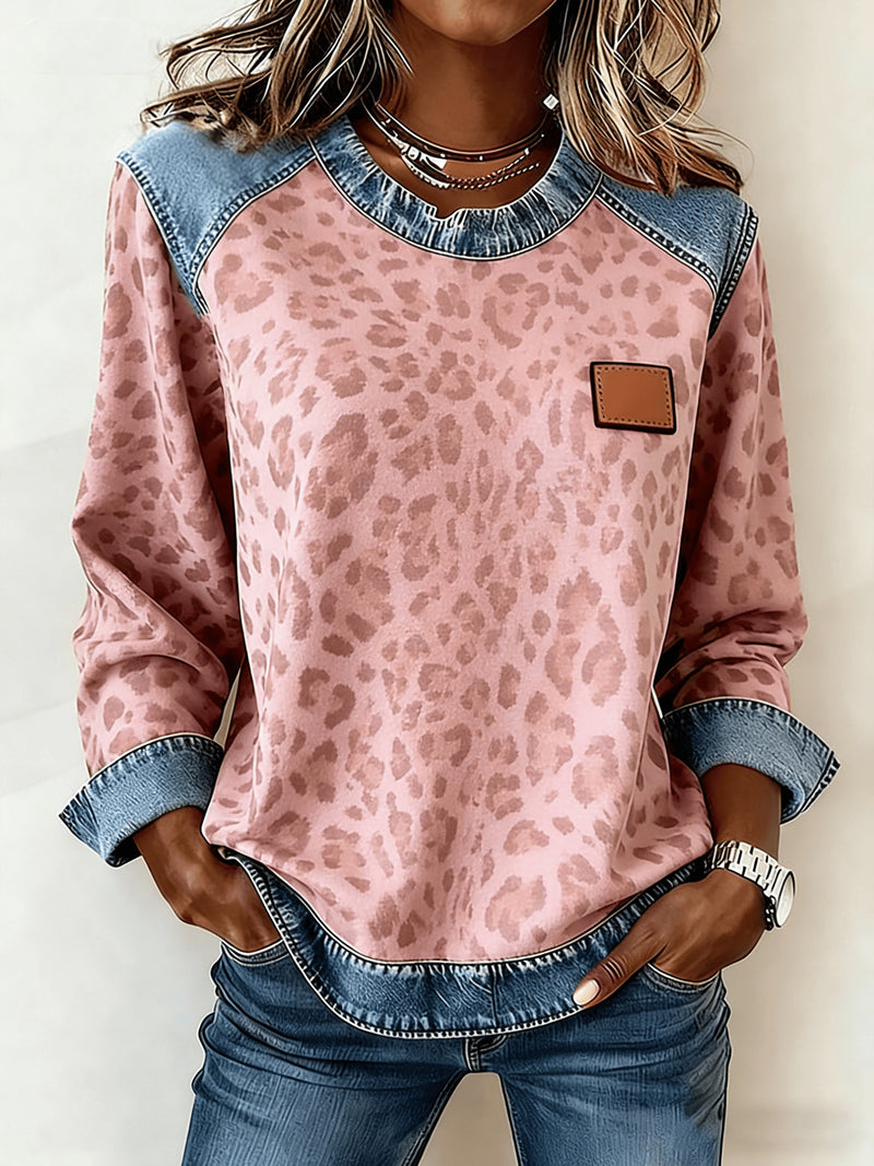 Casual Round Neck Denim Patchwork Leopard Print Long-sleeved Loose Top