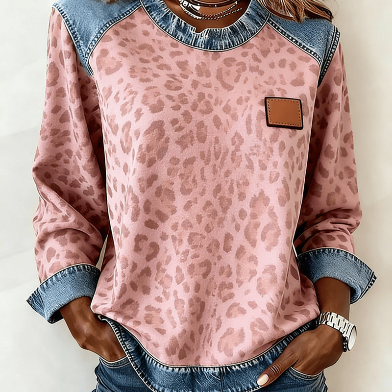 Casual Round Neck Denim Patchwork Leopard Print Long-sleeved Loose Top