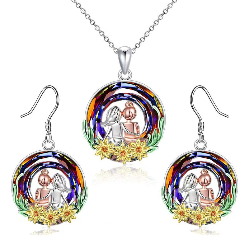 Stained Crystal Glass Sunflower Round Necklace