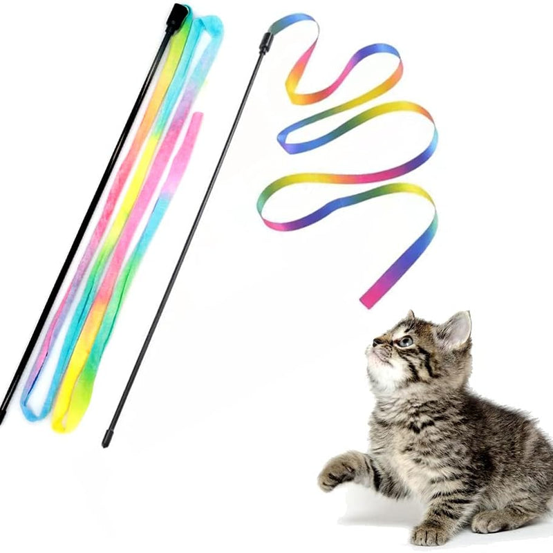 Brinquedos interativos de varinha arco-íris para gatos, varinha provocadora interativa com fita colorida para a maioria dos gatos