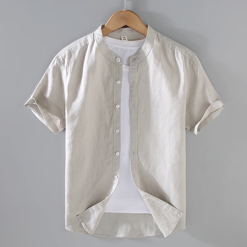 Solid-color Linen Shirt Mens Short-sleeve Casual Top