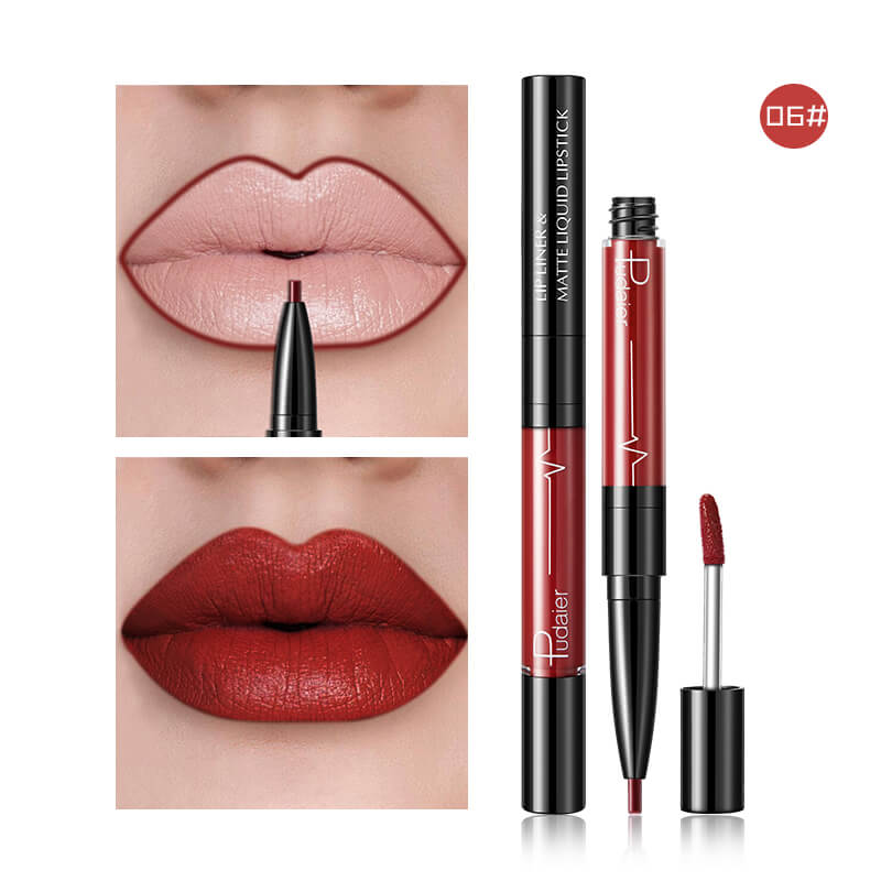 Pudaier Batom Matte Líquido e Lápis de Lábios 2 em 1 Maquilhagem Profissional Completa Agate Red Tinta de Lábios Volumizador Batom Líquido de Tatuagem