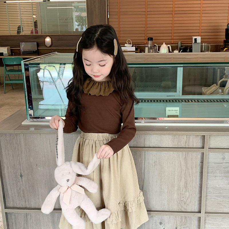 Girls' Soft Cashmere Sunken Stripe Lace Collar Bottoming Shirt