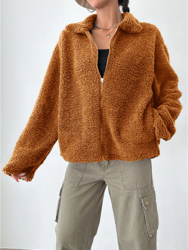 Damen Teddyfleece-Jacke mit überschnittenen Schultern und regulärer Passform