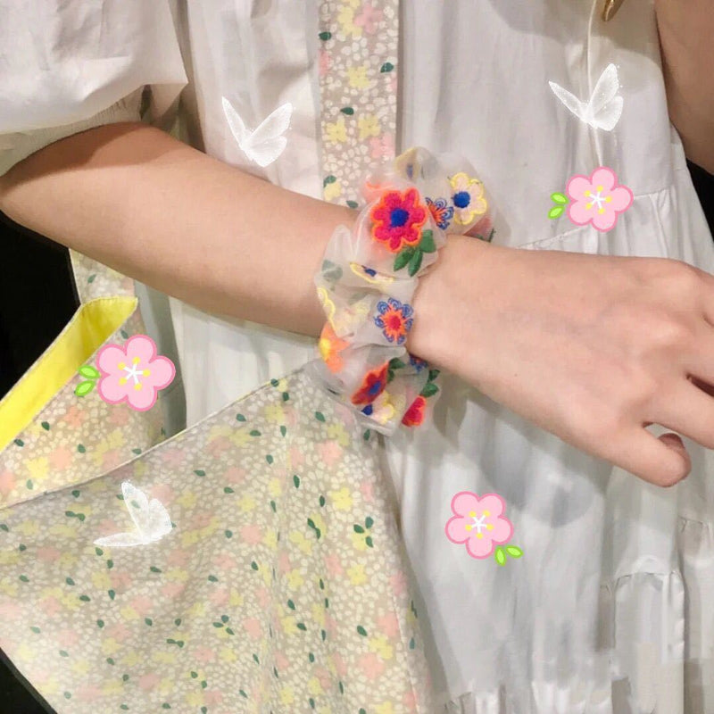 Elástico de cabelo em rede com flores bordadas