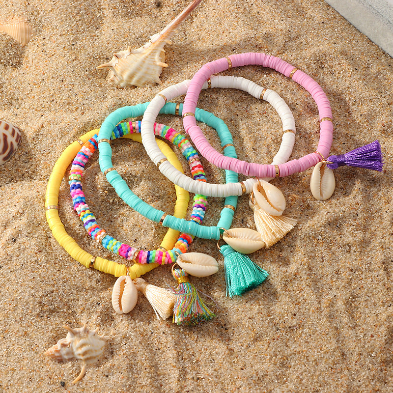 Bohemian Ethnic Shell Tassel Bracelet Simple Colored Soft Clay Bracelet