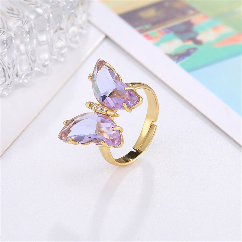 Butterfly Ring Opening Butterfly Glass Crystal Crystal Copper Inlaid Zircon Electroplated Real Gold