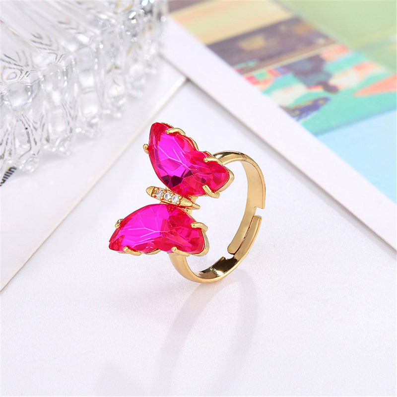 Butterfly Ring Opening Butterfly Glass Crystal Crystal Copper Inlaid Zircon Electroplated Real Gold