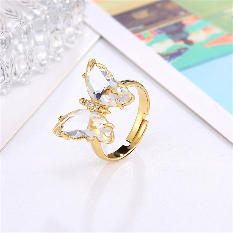 Butterfly Ring Opening Butterfly Glass Crystal Crystal Copper Inlaid Zircon Electroplated Real Gold