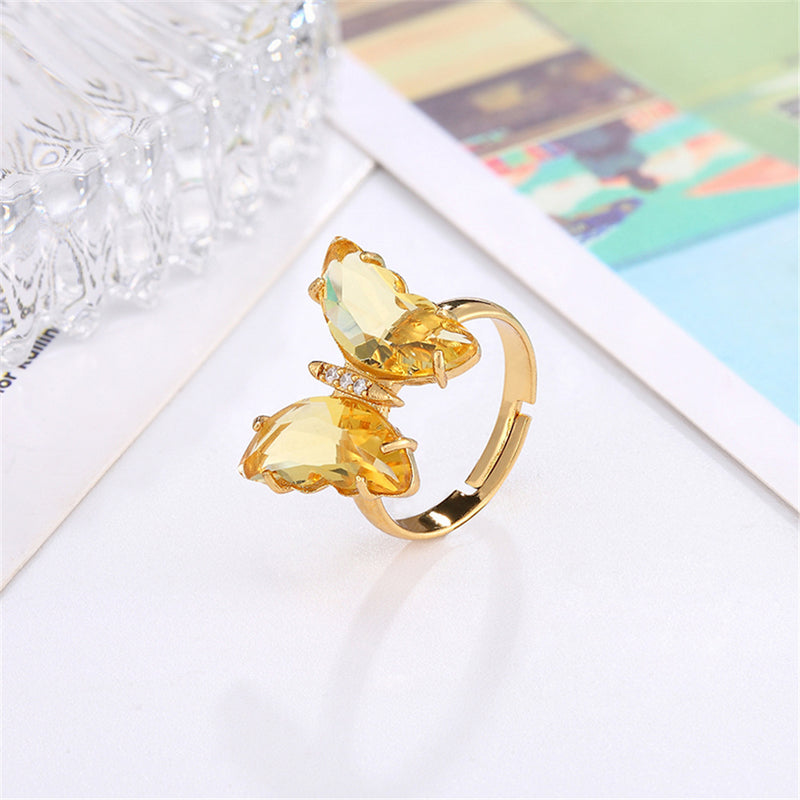 Butterfly Ring Opening Butterfly Glass Crystal Crystal Copper Inlaid Zircon Electroplated Real Gold