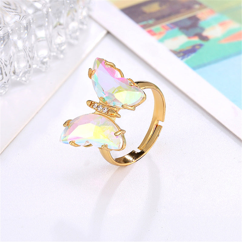 Butterfly Ring Opening Butterfly Glass Crystal Crystal Copper Inlaid Zircon Electroplated Real Gold
