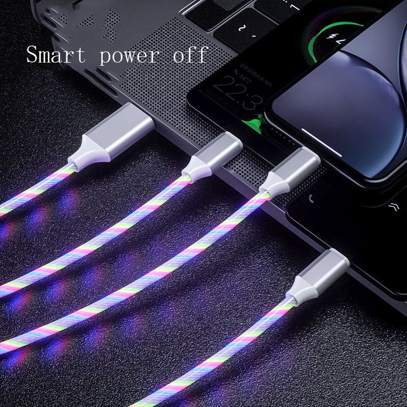 Cabo micro USB Type C 3 em 1 LED Flowing Light Type C Cabo carregador para carregamento de celular Fio