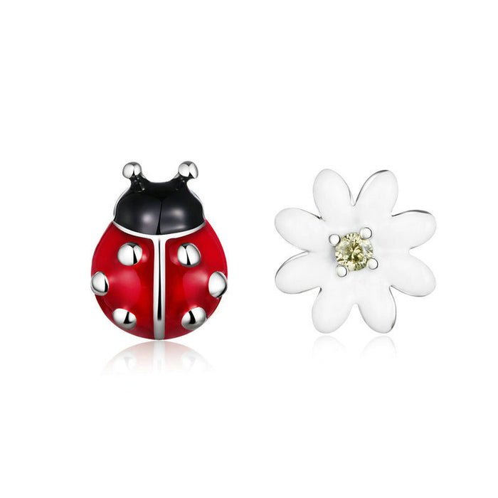 Fashion Sterling Silver Ladybug Earrings S925 White Flower Earrings Fashion Silver Earrings