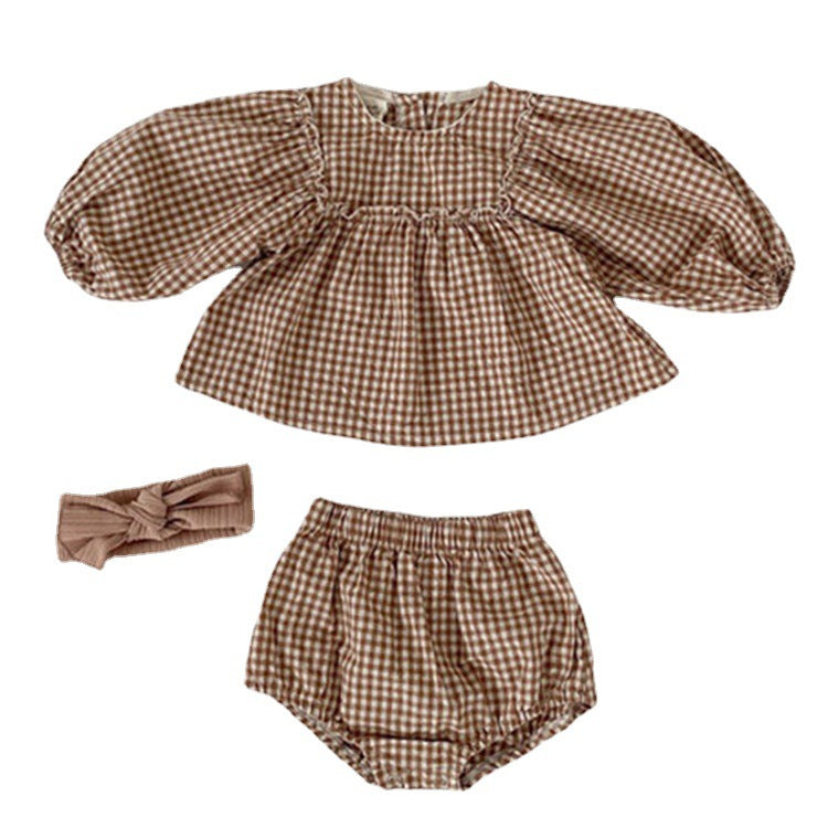 Girl's Suit Western Style Plaid Puff Sleeve Doll Top With Fart Pants Suit