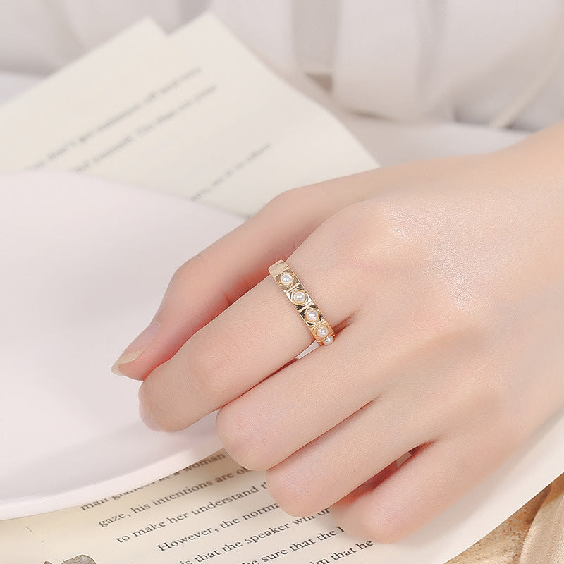 S925 Sterling Silver Checkered Pearl Ladies Ring