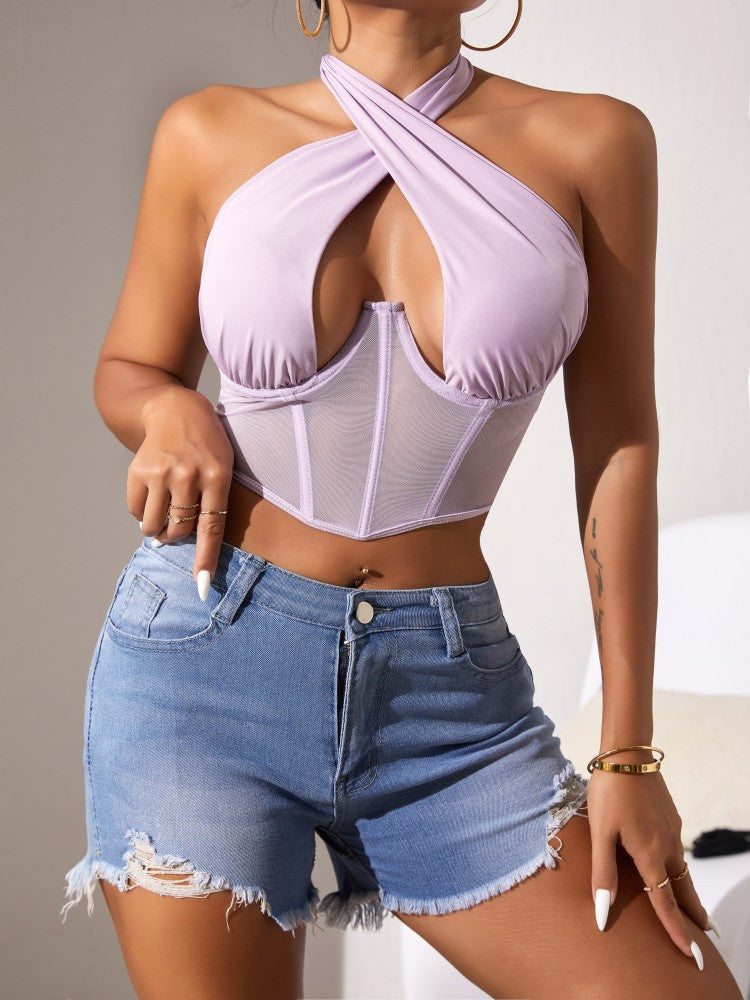 Top Stitching Mesh Transparenter Cross-Neck Neckholder-BH mit Fischgrätmuster