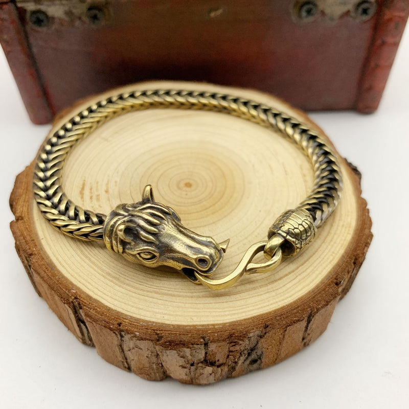 Bracelete de Corrente em Latão Puro com Cavalo Vintage